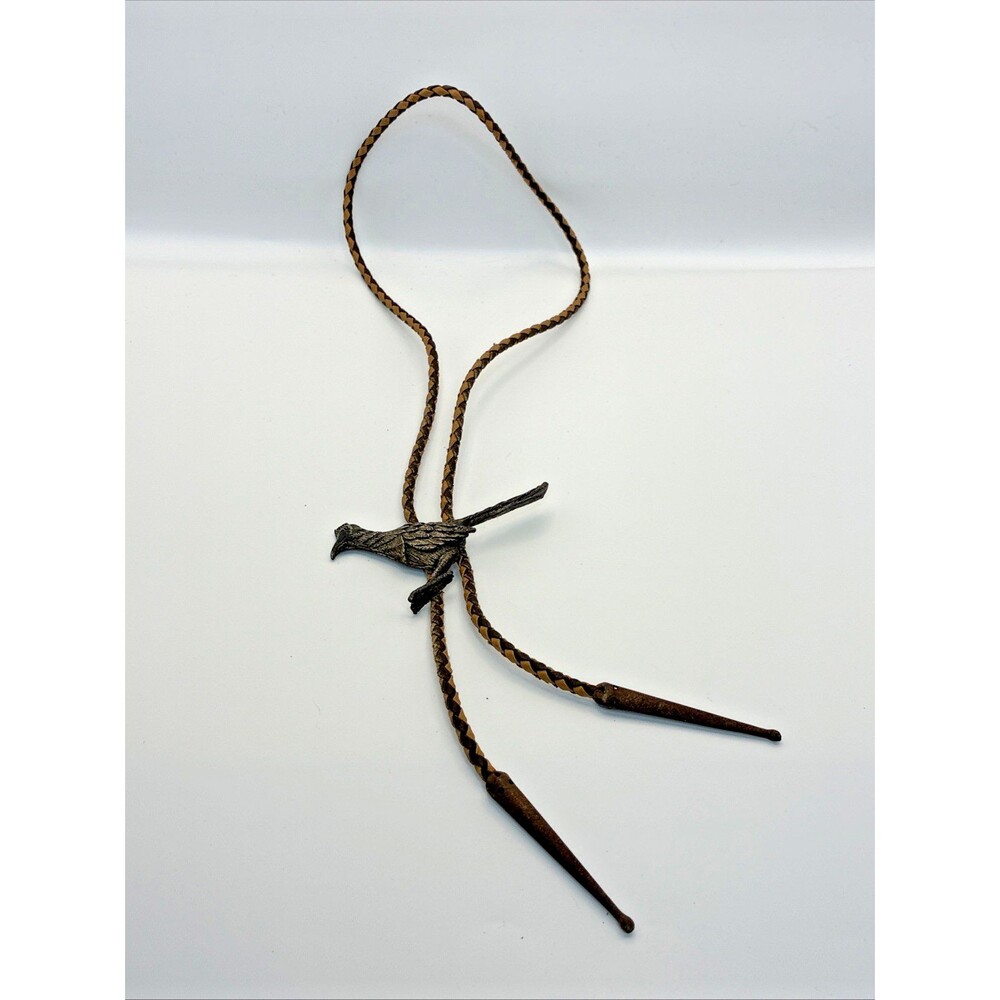 Vtg Roadrunner Bolo Tie Brown Braided Leather Cord Metal Bird Necklace Southwest